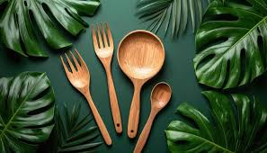 Wooden eco-friendly cutlery arranged beautifully